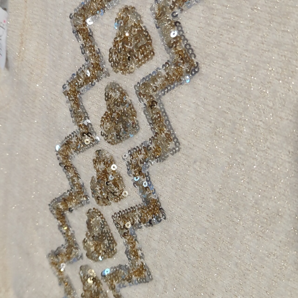 TCP Holiday Sweater Sparkle Glitter Sequin Top Soft Plush Gold Ivory Size M/10 - Picture 2 of 3